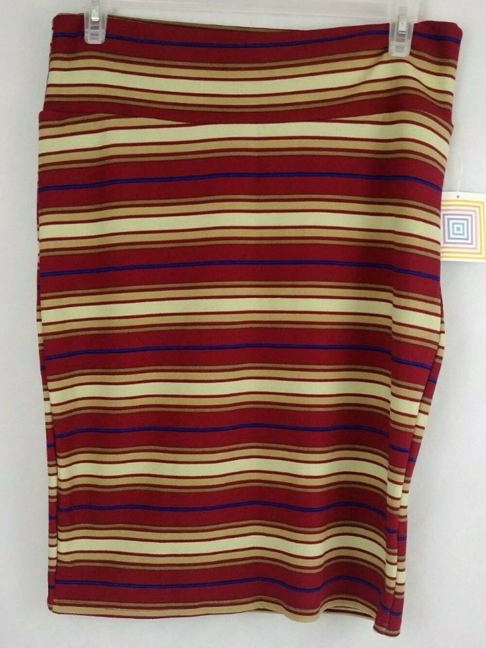 NWT LulaRoe Cassie Pencil Skirt Red, Gold, Blue Striped Size XL